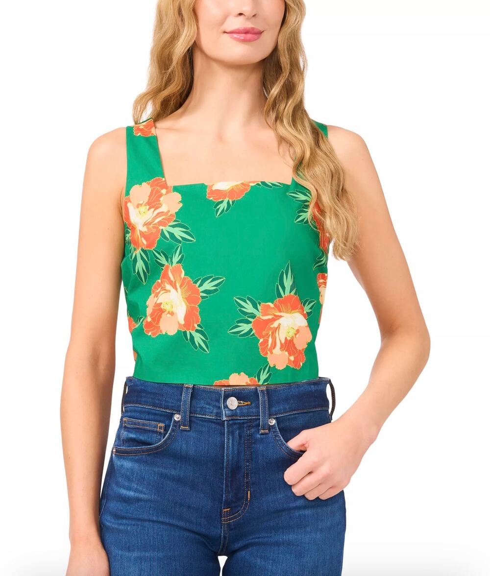 CeCe Green Peach Square Neck Floral Tank Top